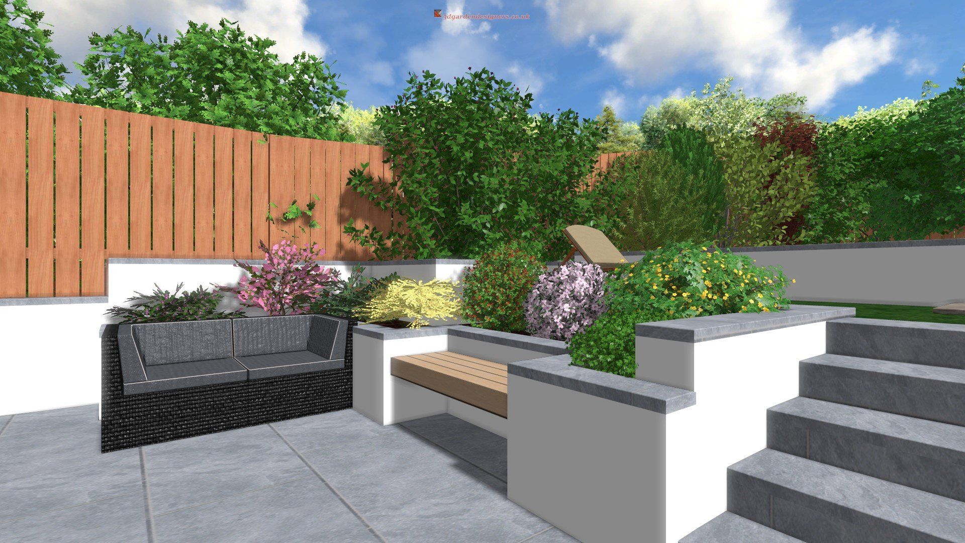 Modern backyard design with patio, built-in seating, planters, and stairs against a wooden fence.