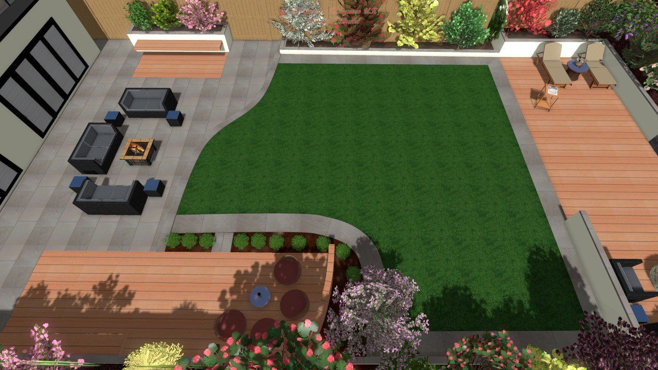 Overhead view of a modern backyard with a lawn, deck, seating areas, and flower beds.