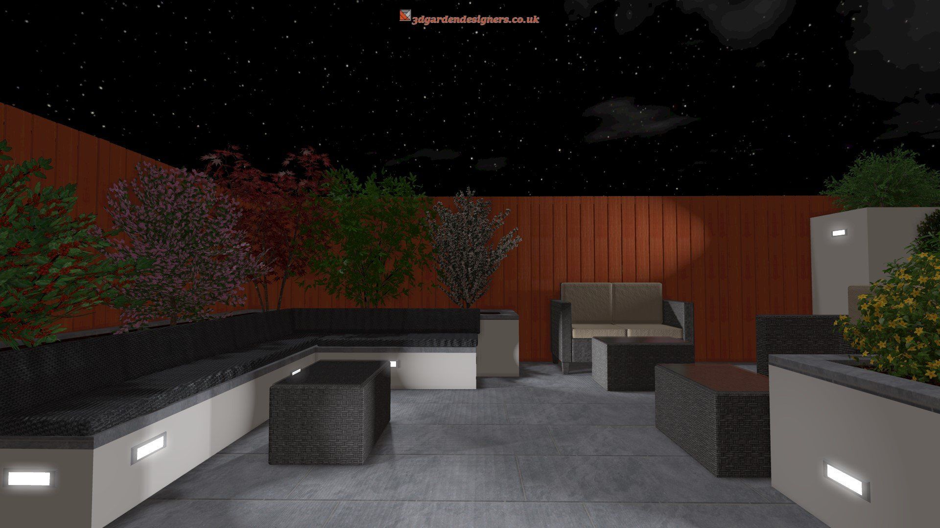 Nighttime outdoor patio with modern furniture, plants, and ambient lighting.
