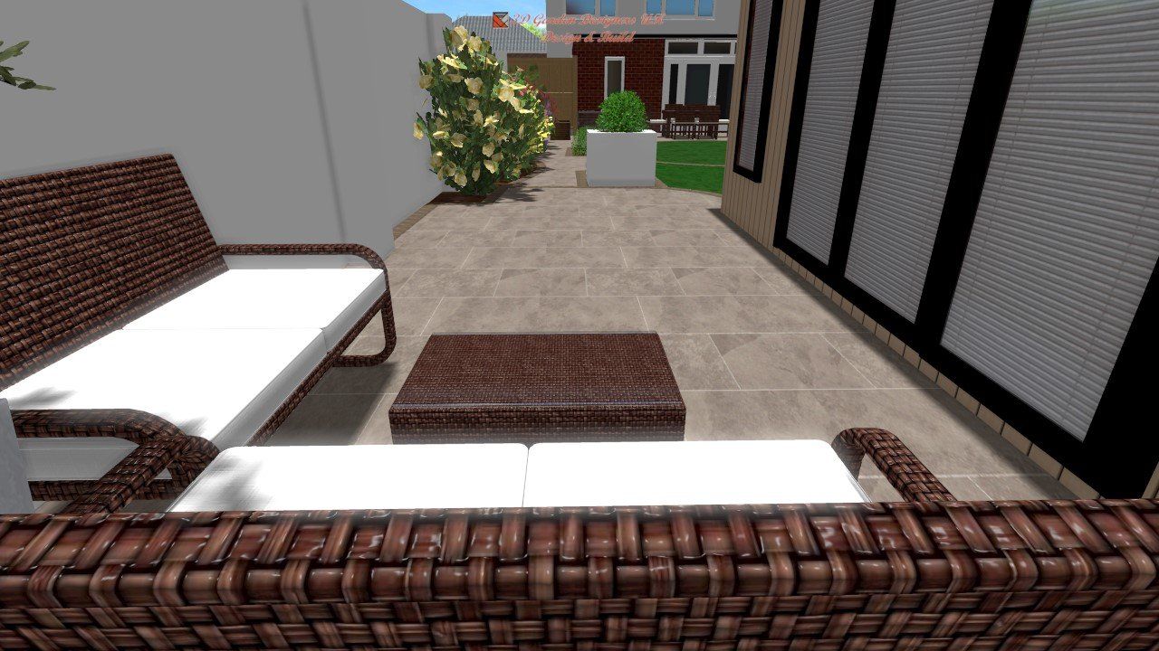 Outdoor patio with brown wicker furniture, light wood deck, and view of a house.
