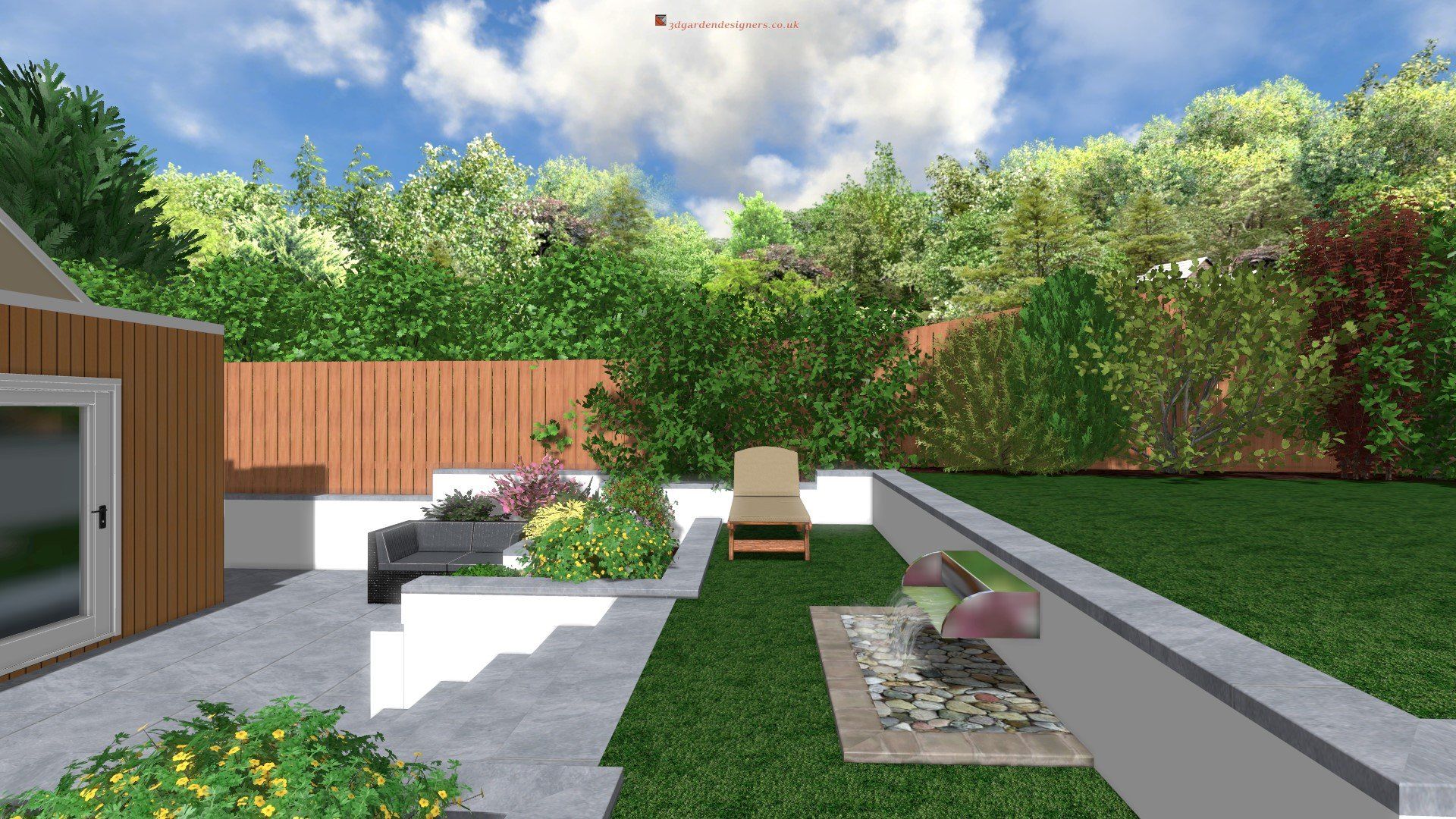 Backyard with modern design, featuring a lawn, seating, and lush greenery.
