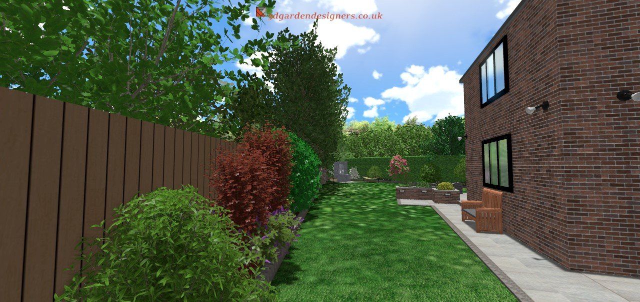 Backyard with brick house, wooden fence, grass, and plants under a blue sky.