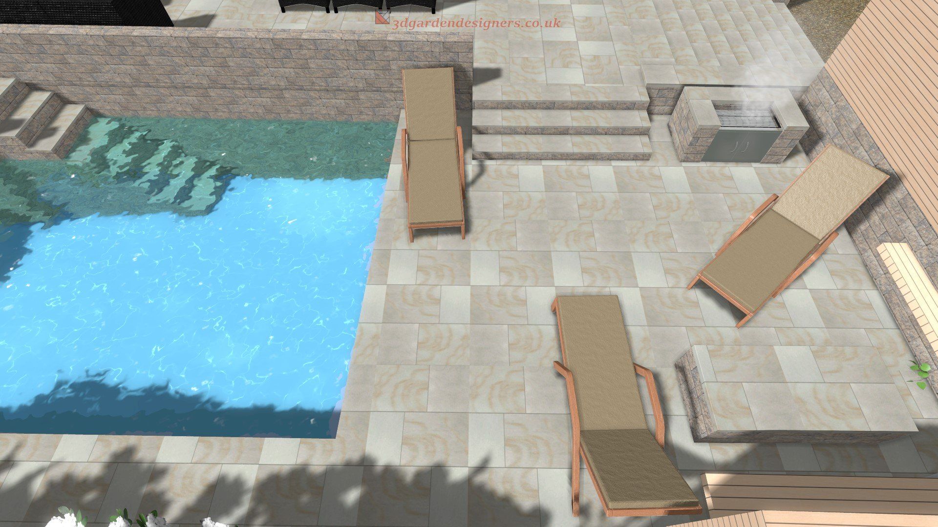 Poolside scene: blue pool, stone patio with lounge chairs, brick barbecue, and stairs.