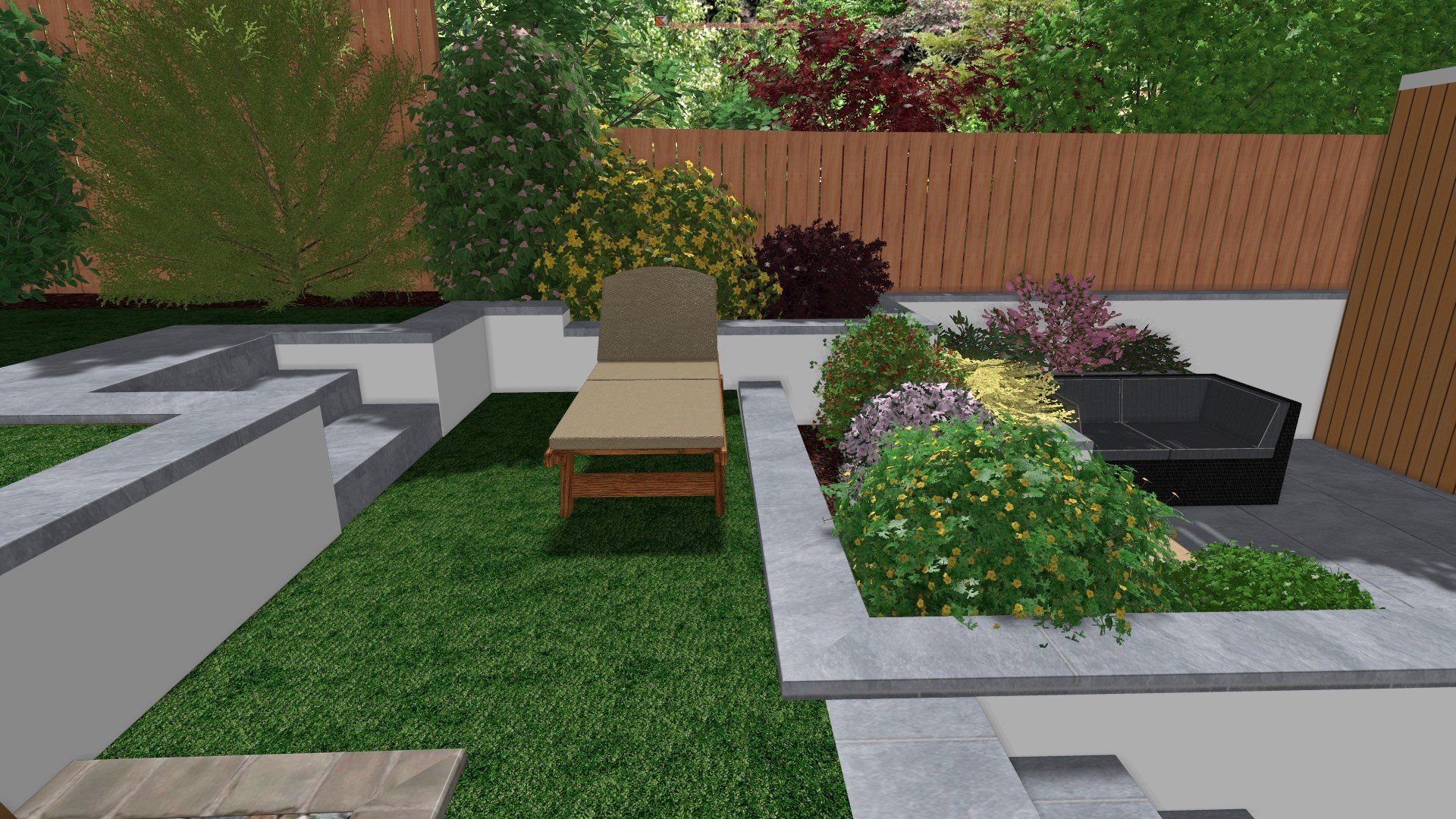 A modern garden with a chaise lounge, plants, and raised flower beds, green grass, and a wooden fence.