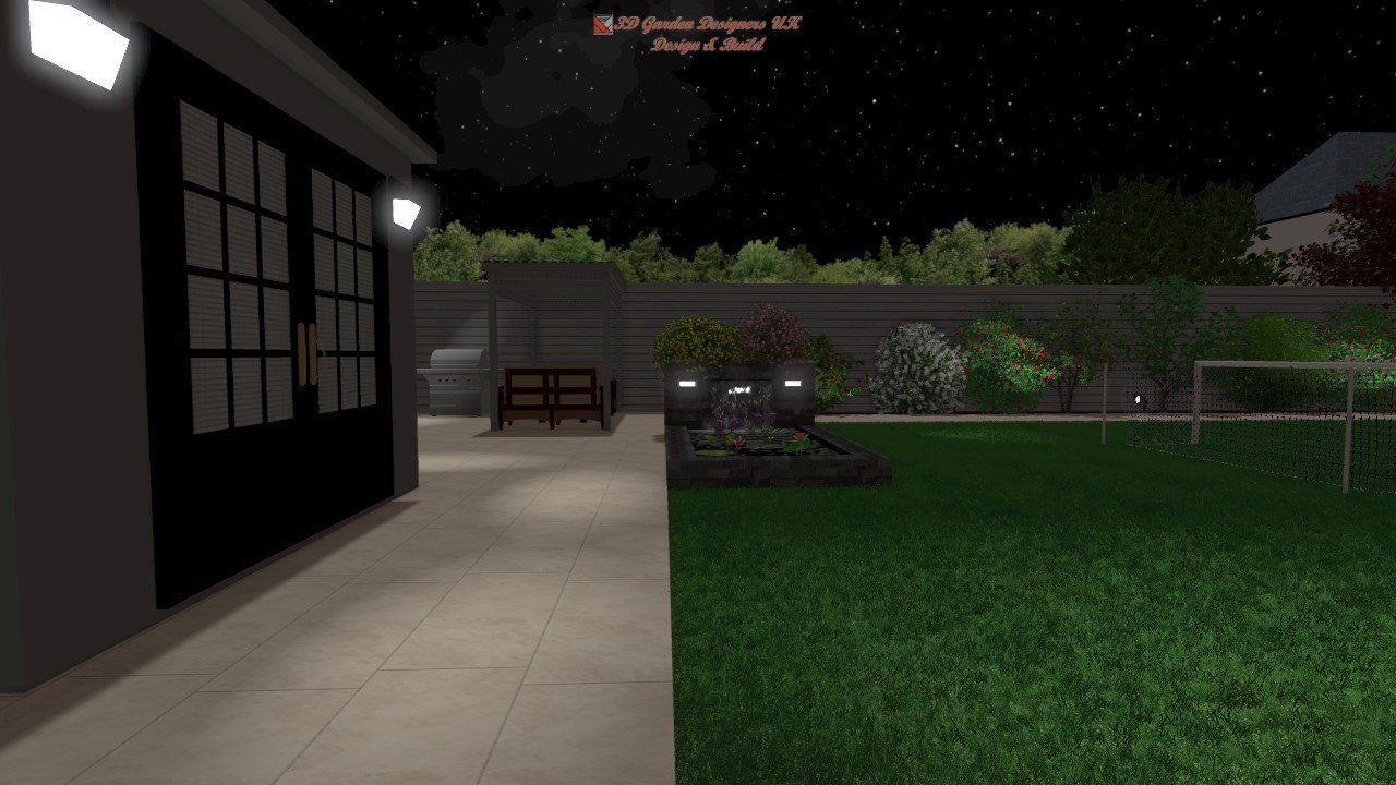 Nighttime backyard scene with a house, lights, garden, and a soccer goal.