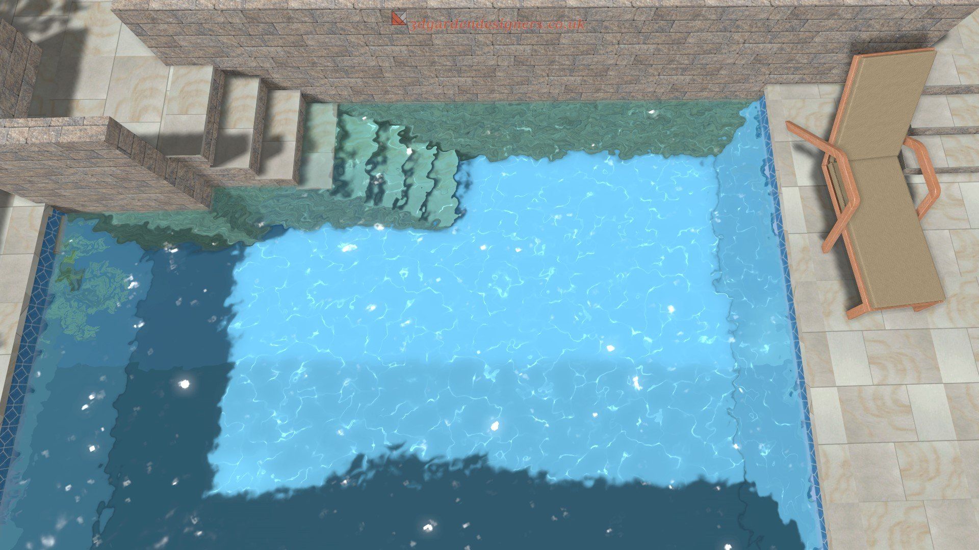 A pool with sparkling blue water, stairs, and a lounge chair on a stone patio.