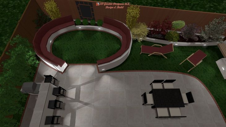 Overhead view of a modern backyard with patio furniture, a circular sofa around a grass area, and landscaped garden beds.