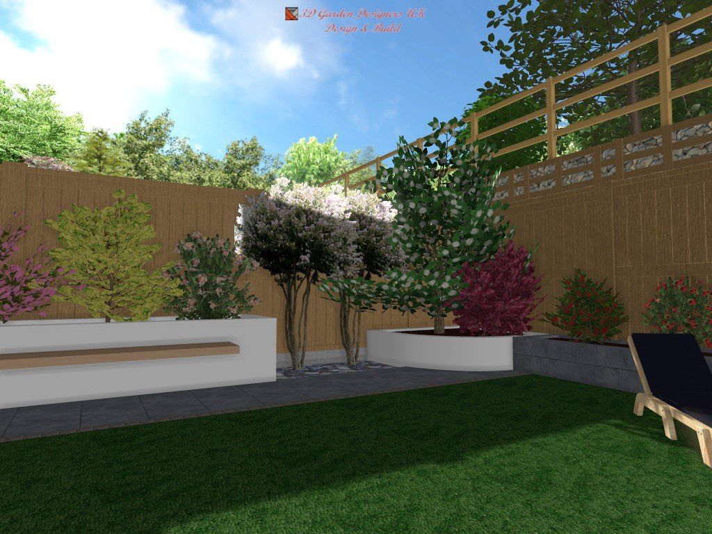 A sunny garden with raised planters, shrubs, a bench, and a lounge chair.