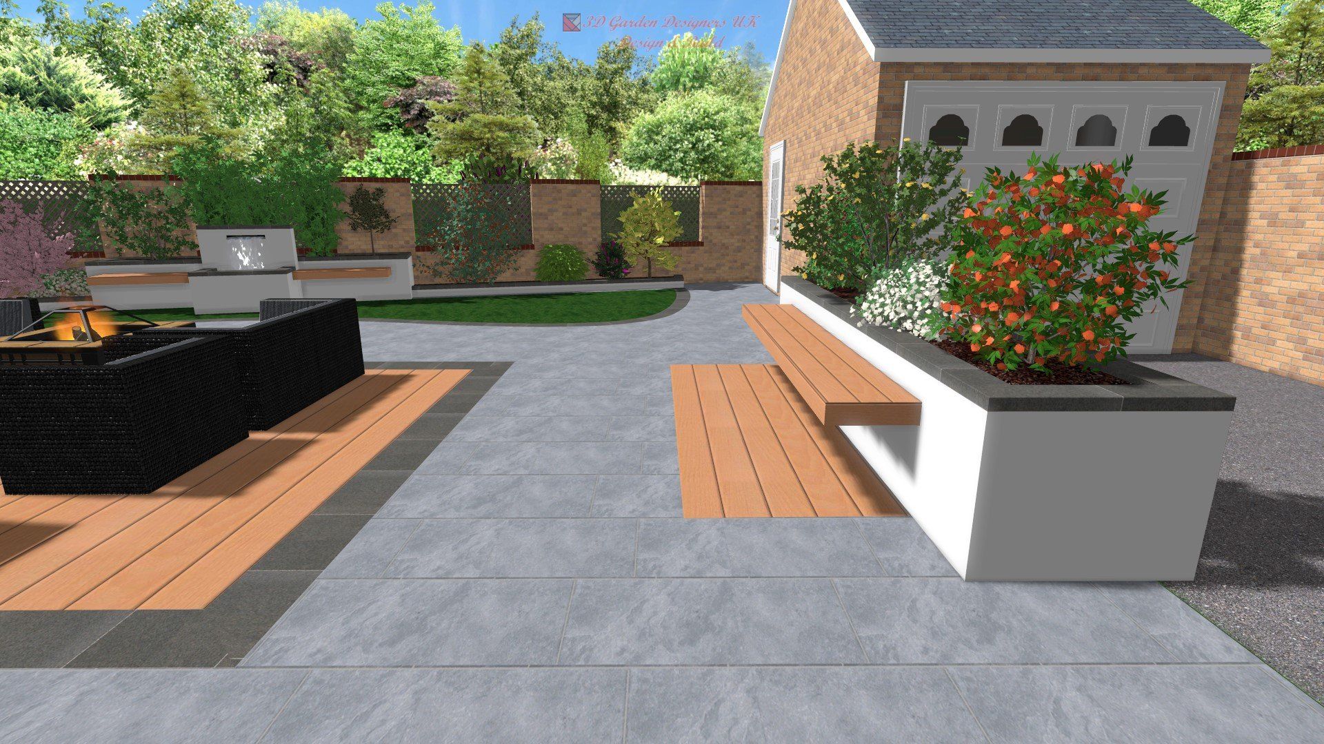 Backyard patio with built-in bench, planters, grill, and outdoor seating.