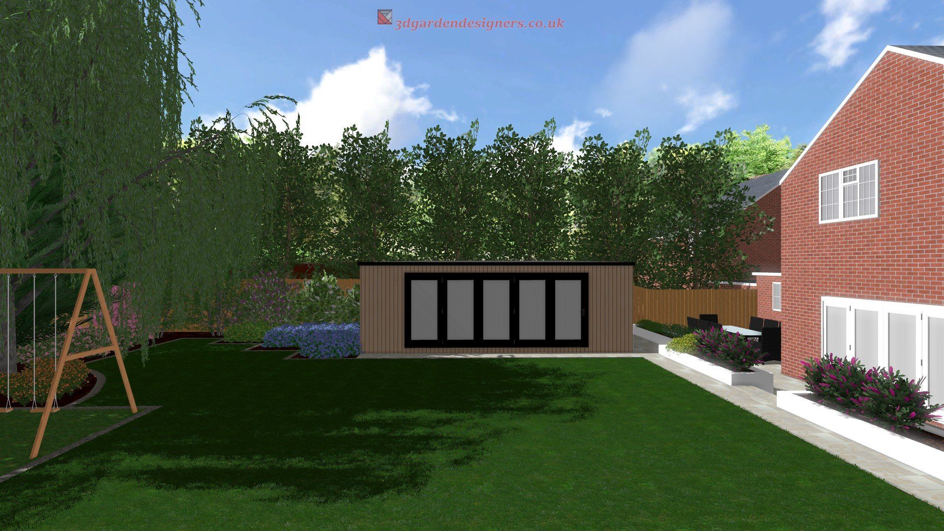 A backyard with a shed and house. Green lawn, trees, blue sky.