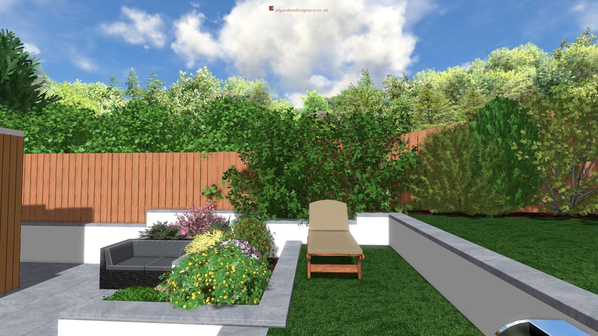 Backyard with patio, lounge chair, plants, wooden fence, and green hedge under a blue sky.