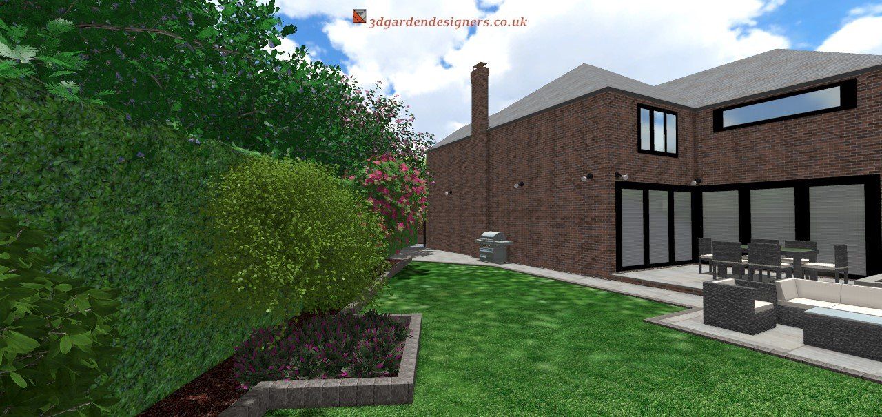 Backyard with grass, shrubs, and a brick house. Patio furniture and windows visible. Bright sunny sky.