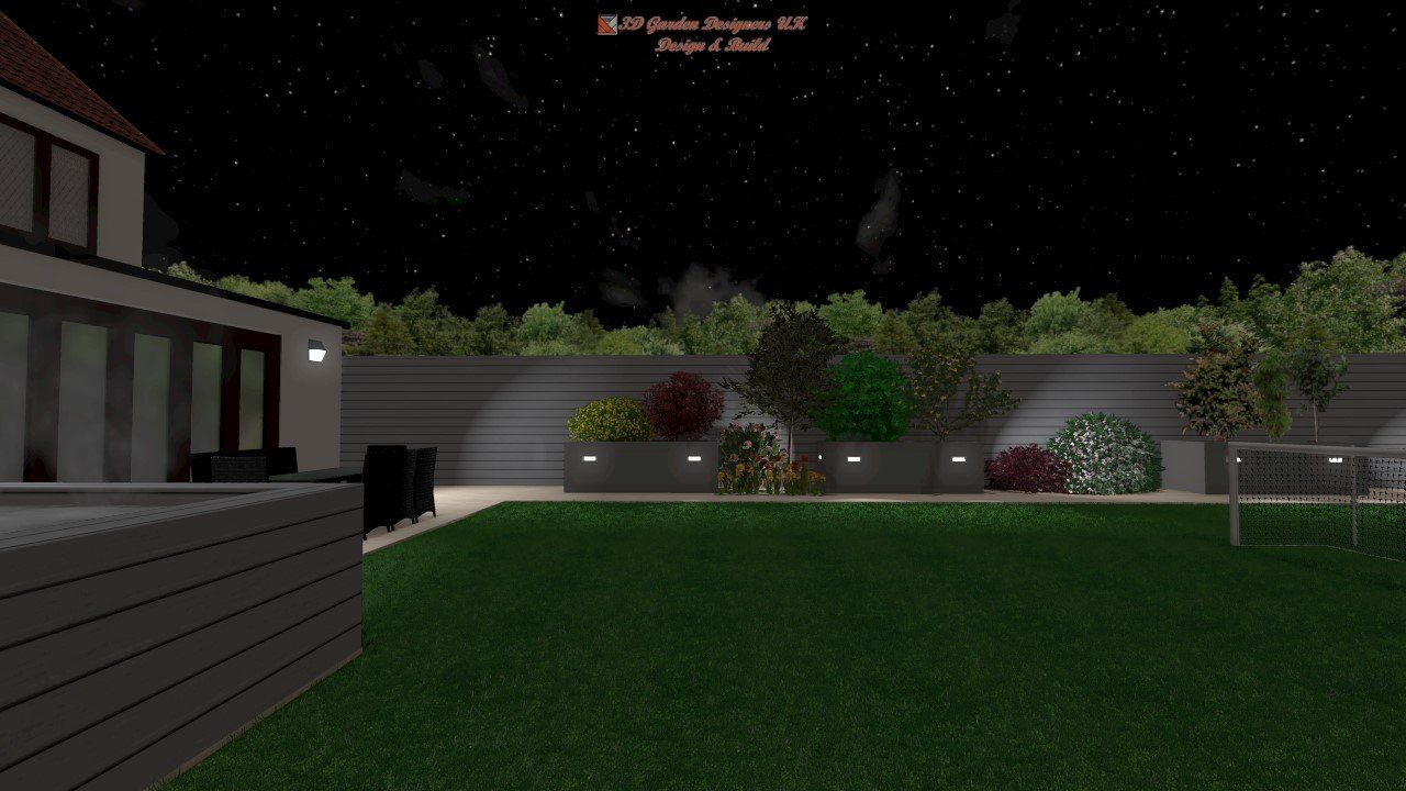 Backyard at night with house, lawn, shrubs, and star-filled sky.