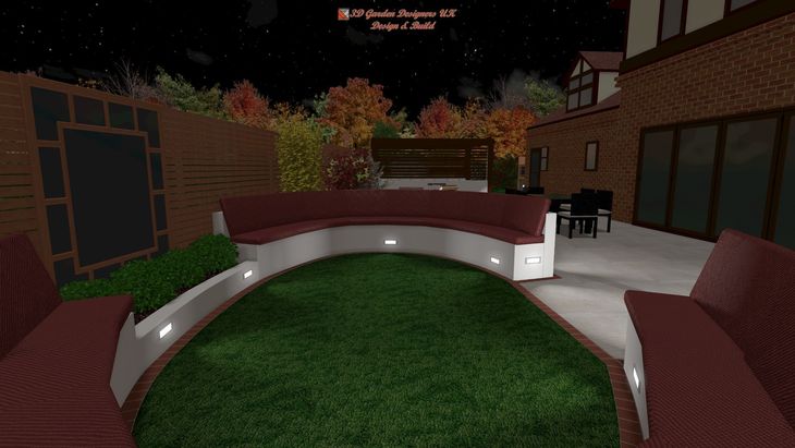 Night scene of a backyard with curved seating, a green lawn, and a brick house. Warm lighting accents the space.