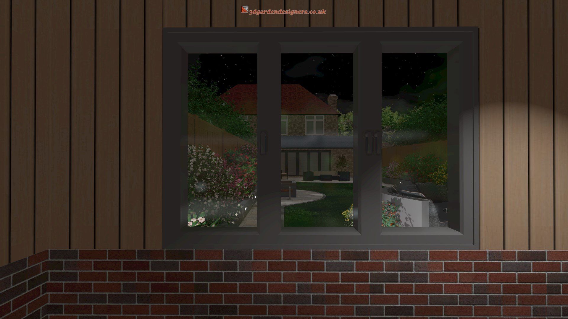 Window view of a house at night, framed by brick and wood siding. Lush garden reflected in glass.