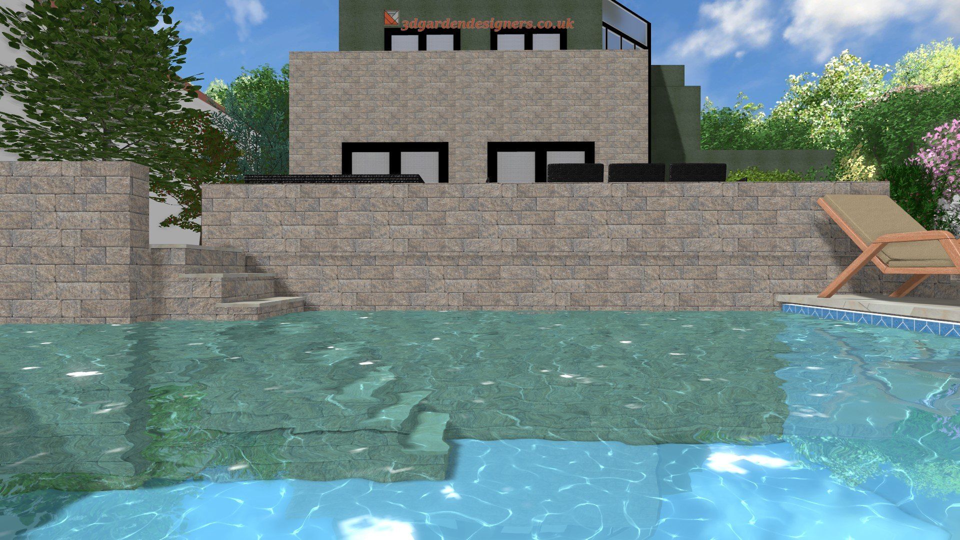 Swimming pool with steps leading into the water, stone wall, modern house in background.