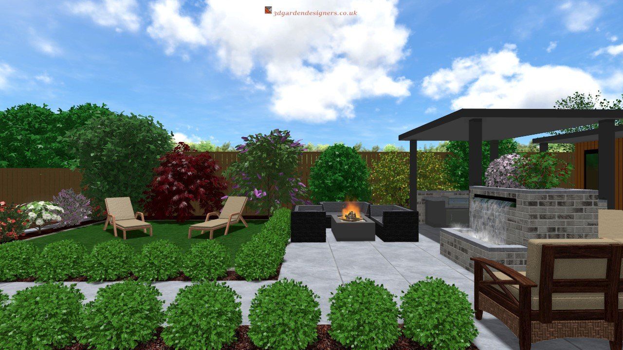 3D rendering of a backyard with a fire pit, patio, lounge chairs, landscaping, and a covered grilling area.