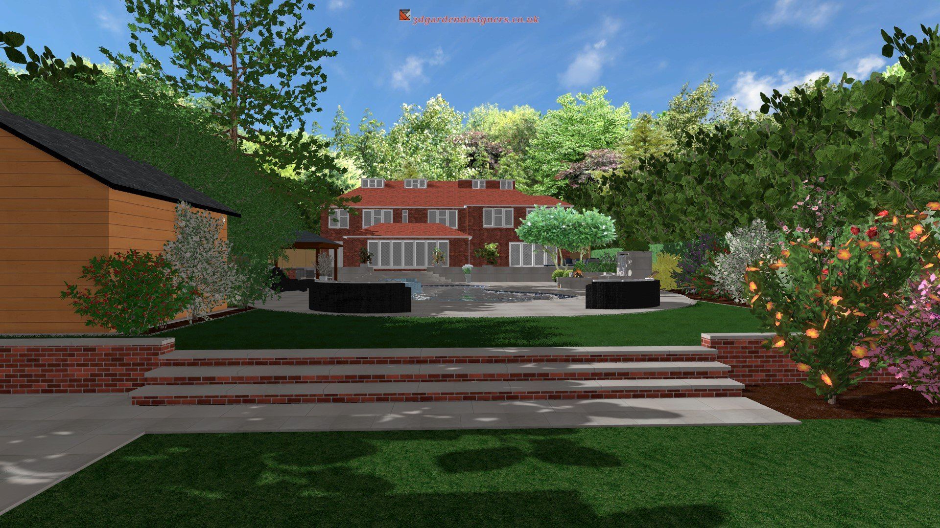 Terraced backyard with a brick patio, steps leading to a large house, and surrounding greenery.