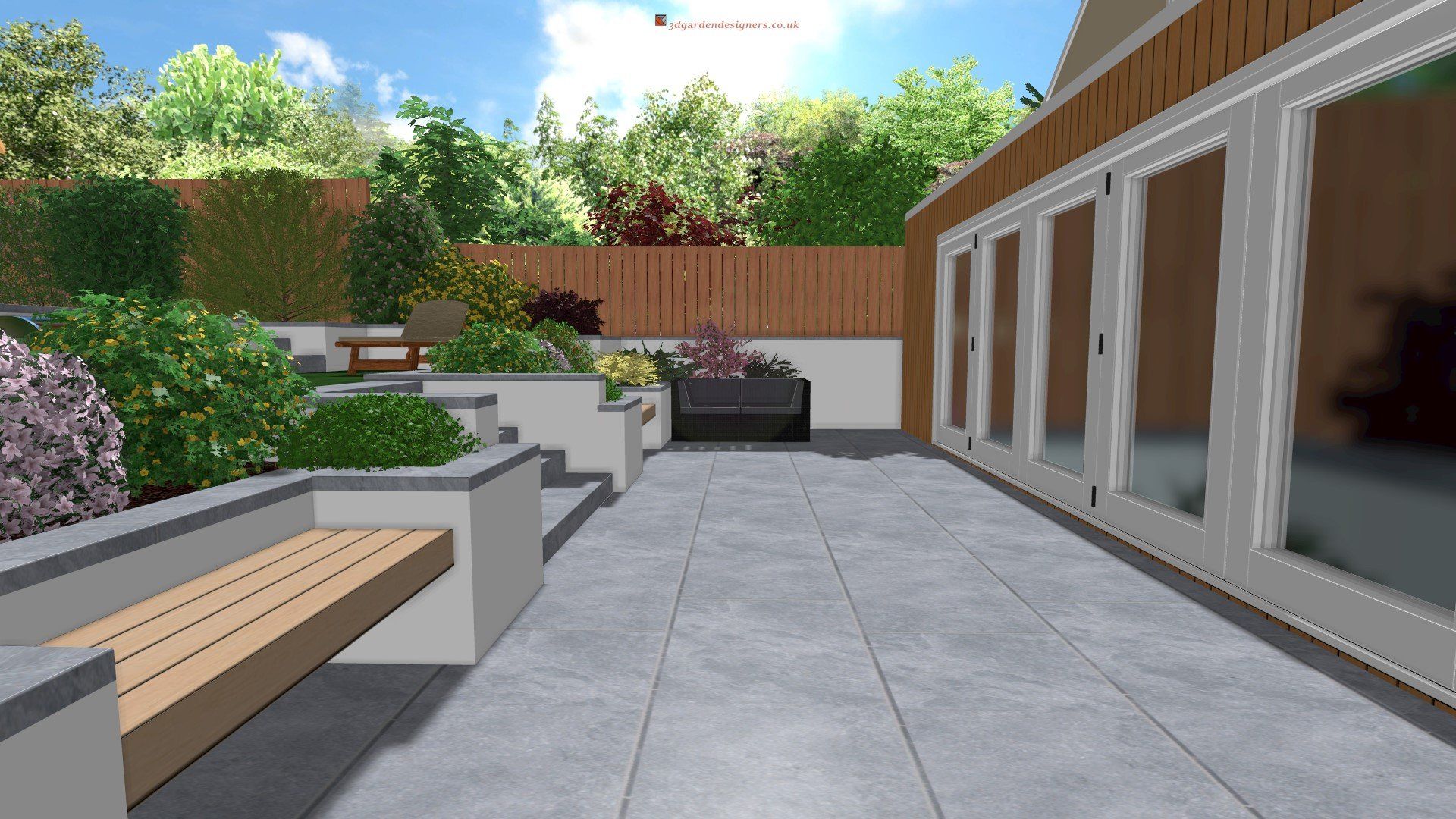 Modern patio with grey tiles, built-in benches, and tiered landscaping. Sunny outdoor setting with glass doors.