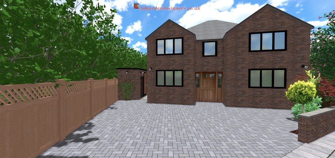 A brick house with a paved driveway, surrounded by a fence and greenery under a partly cloudy blue sky.