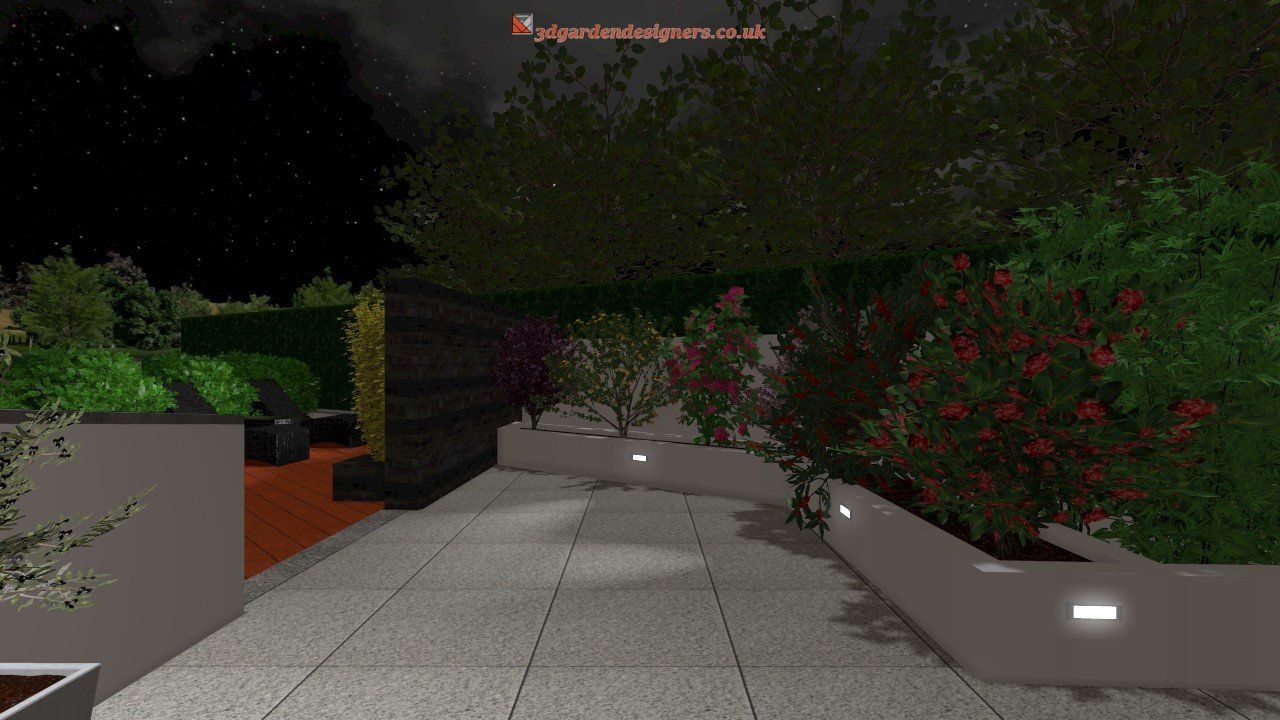 Nighttime garden path with built-in lighting, surrounded by greenery and shrubbery under a starry sky.