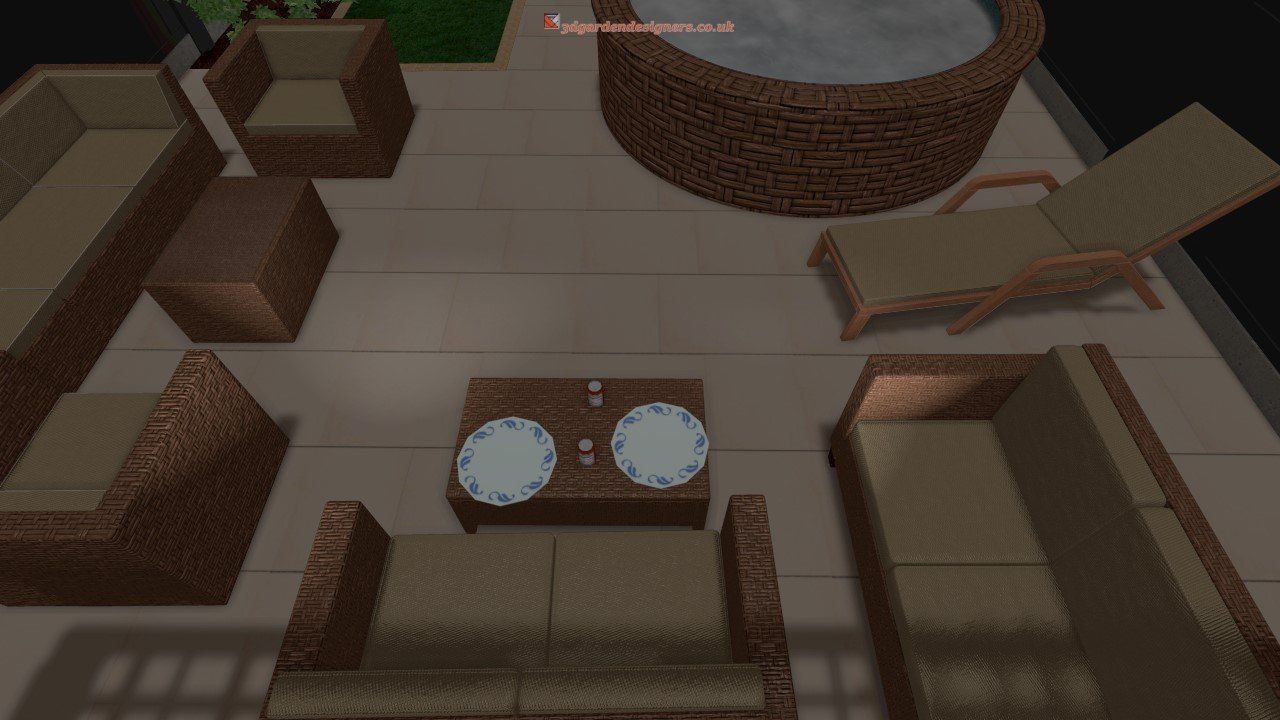 Outdoor patio with wicker furniture, hot tub, and a lounge chair.