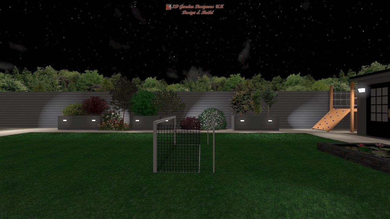Night scene of a backyard with a grass lawn, shrubs, and a climbing structure; illuminated by lights.