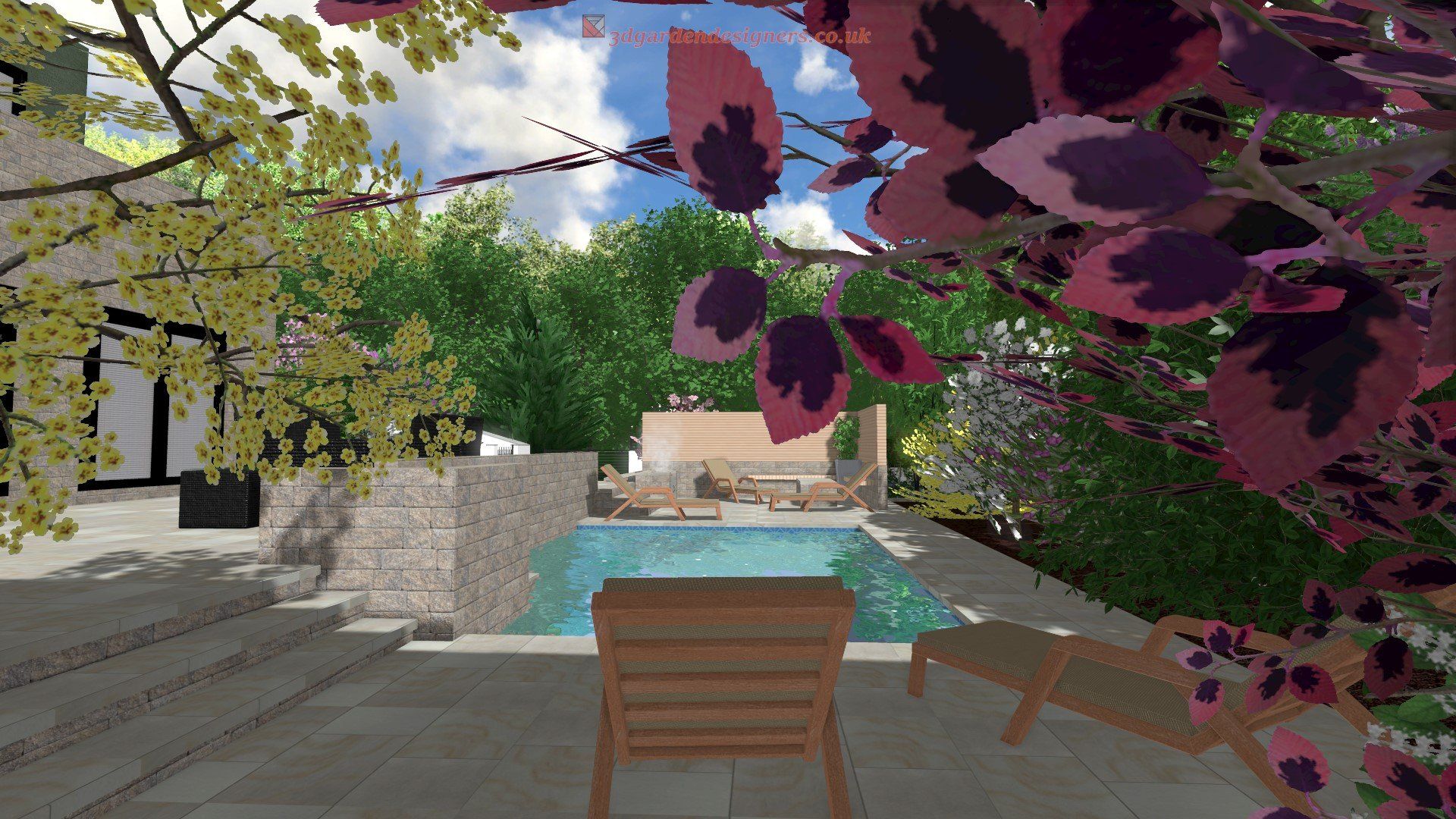 Pool and patio area surrounded by foliage, with wooden lounge chairs and a stone wall.