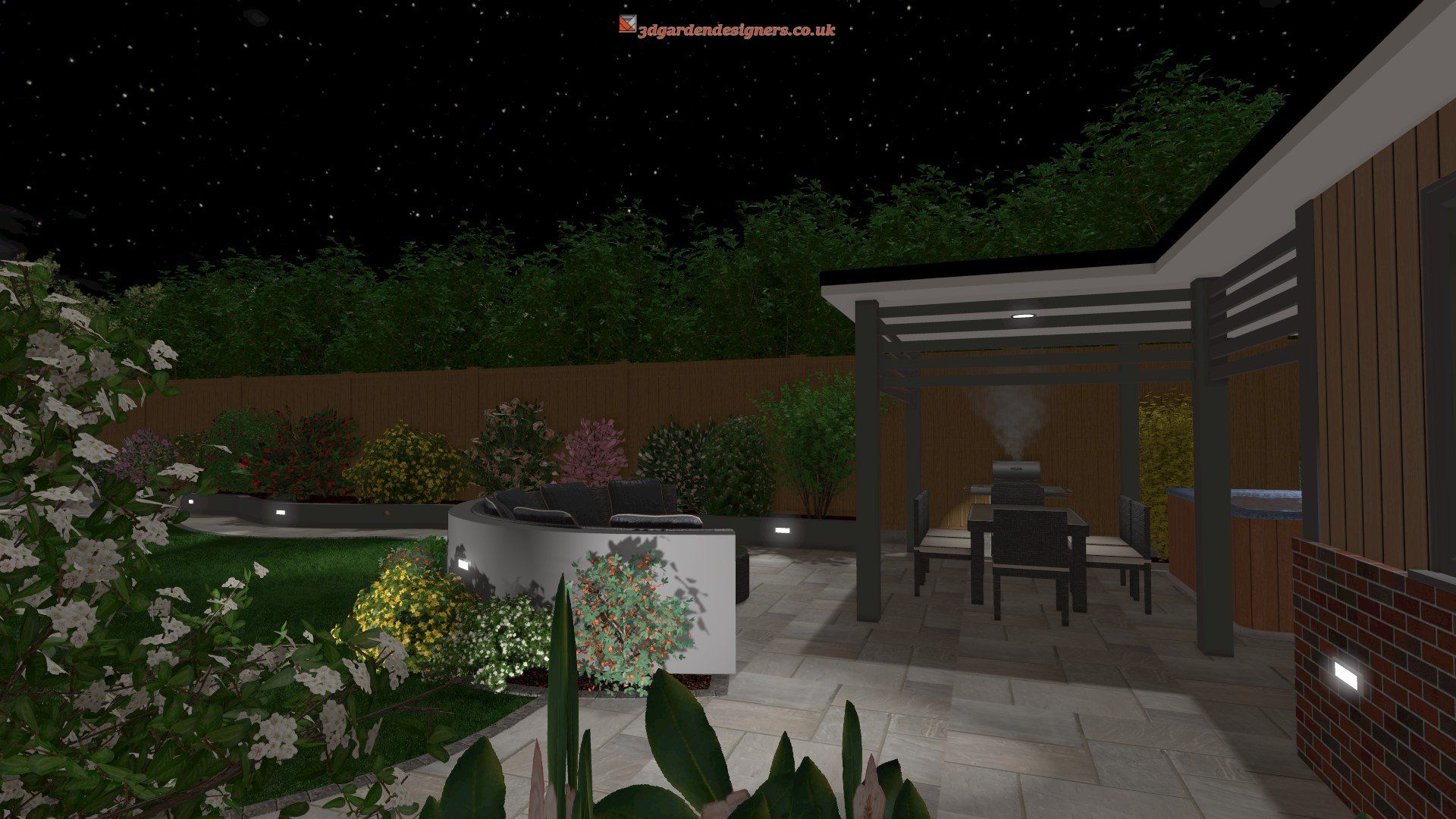 Nighttime backyard scene with patio, grill, and lush landscaping.