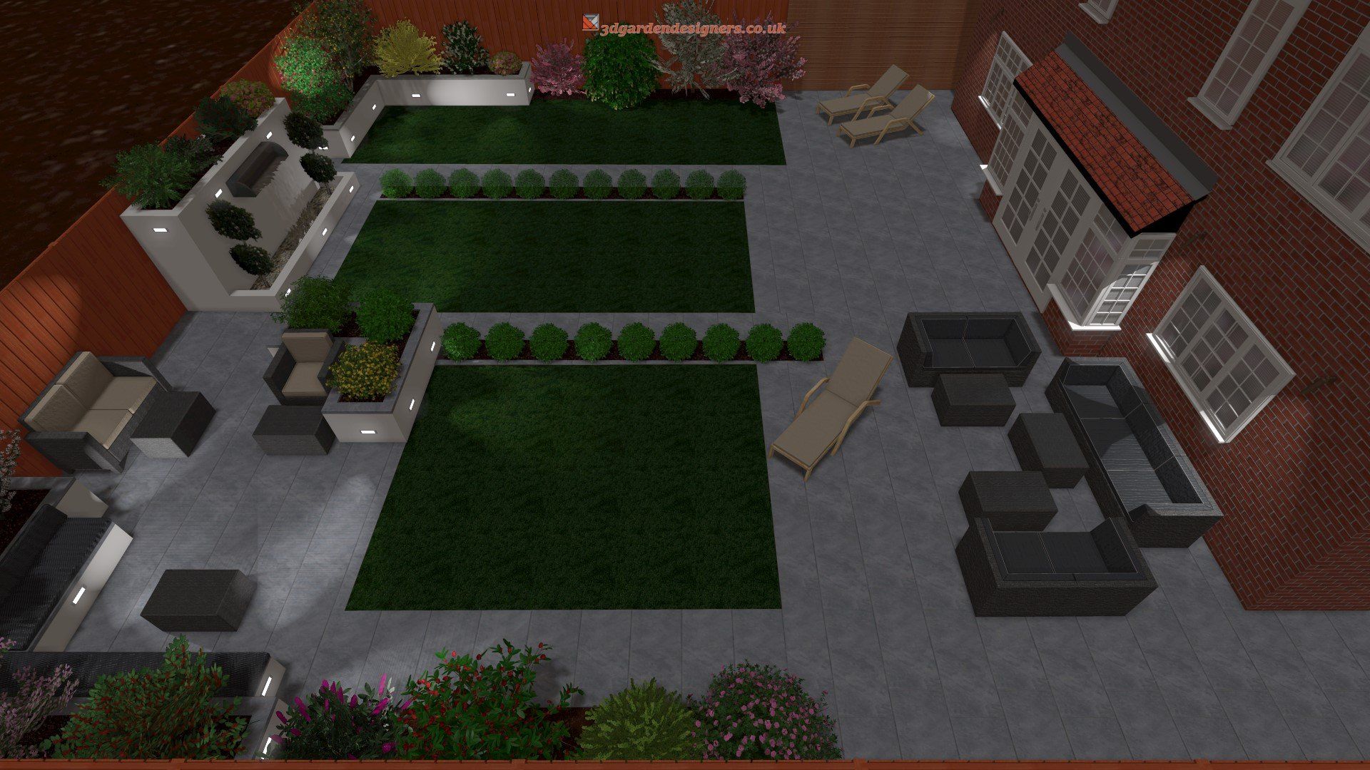 Overhead view of a modern backyard with patio furniture, green grass, and illuminated features.