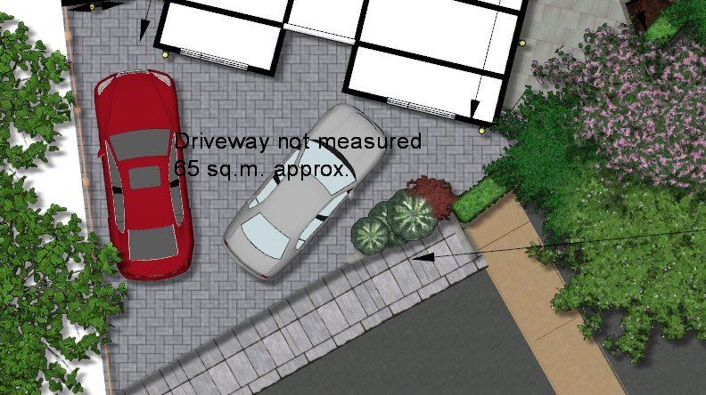 Top-down view of a driveway with two cars, part of a house plan; red and gray cars on a paved surface, text reads: driveway 65 sq. m. approx.