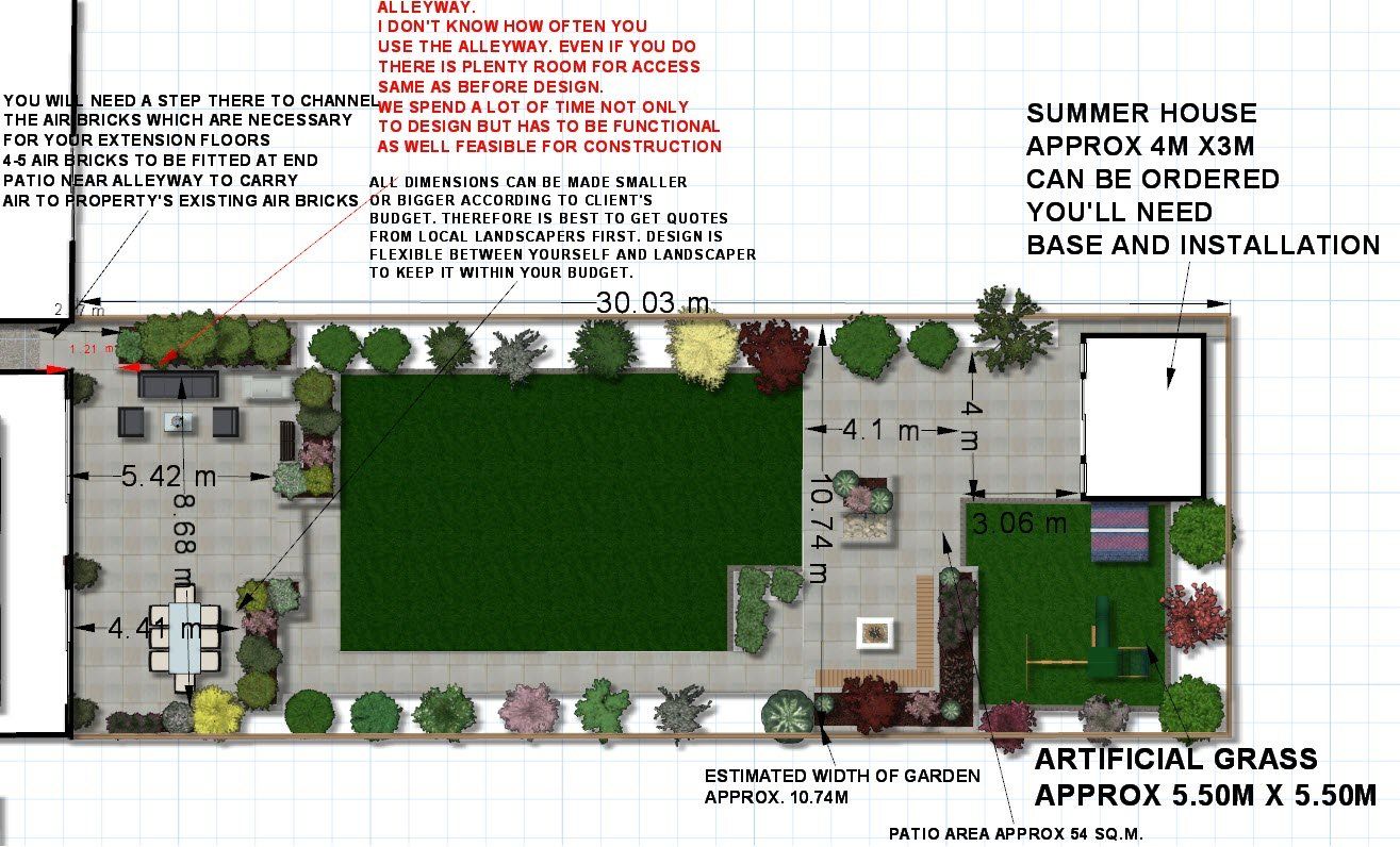 Garden design plan showing grass, patio areas, trees, summer house, and dimensions.