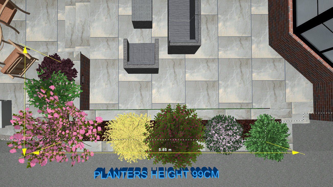 Overhead view of outdoor patio with plants, stone pavers, furniture, and a brick building, with text 