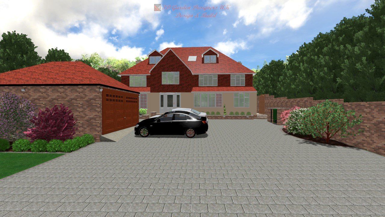 Marshalls-drivesett-argent-priora-graphite House with driveway, car, and garage. Red tile roof, brick and stone exterior. Cloudy blue sky.