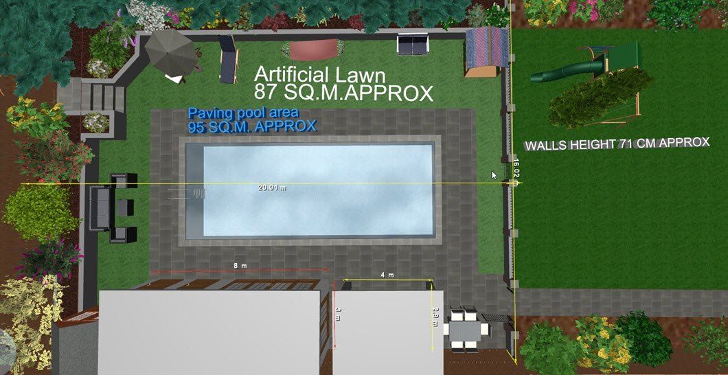 Top-down view of a backyard with a rectangular pool, patio, artificial lawn, and garden features.