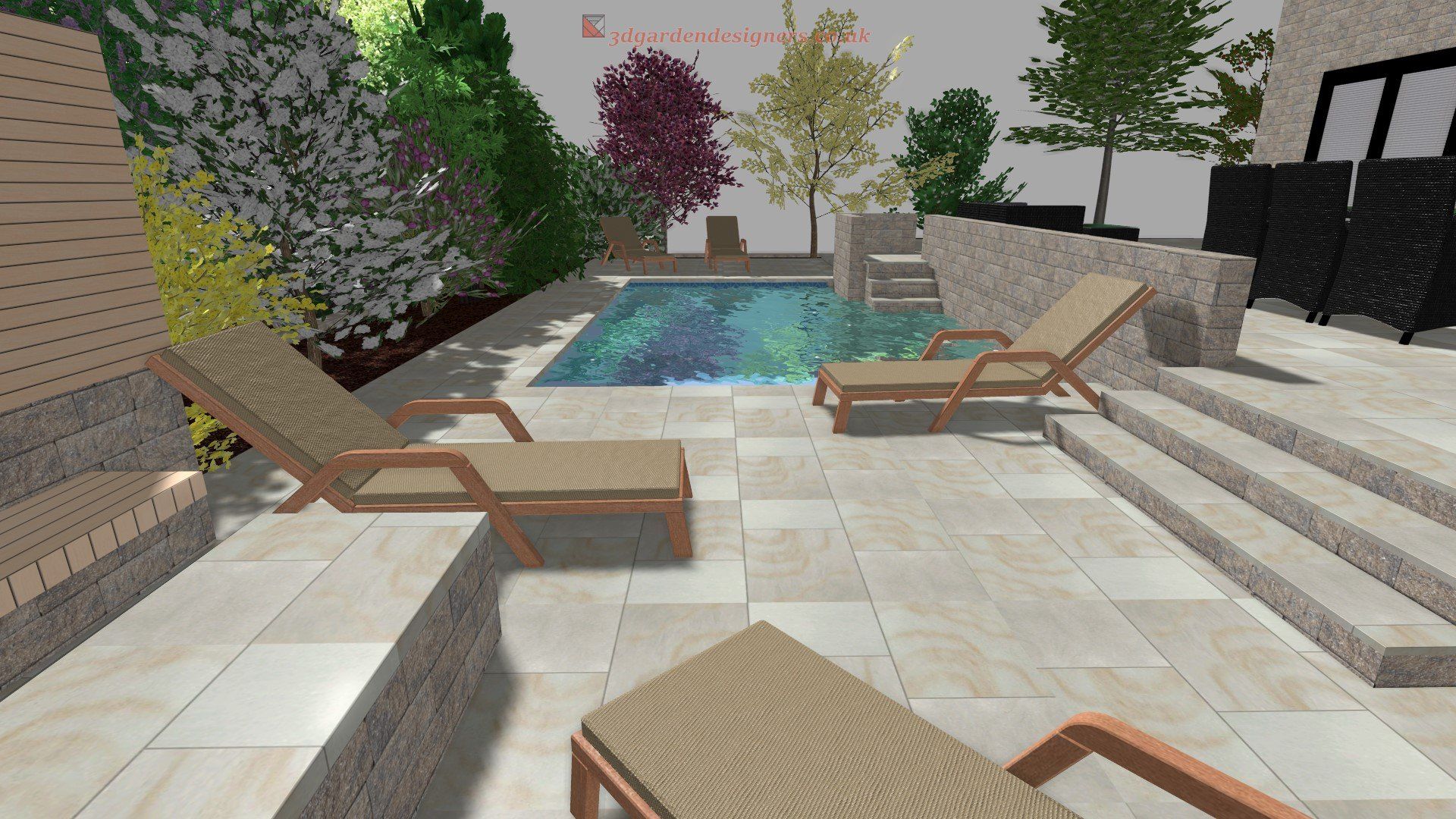 Poolside scene with lounge chairs, pool, stone patio, and various trees in the background.