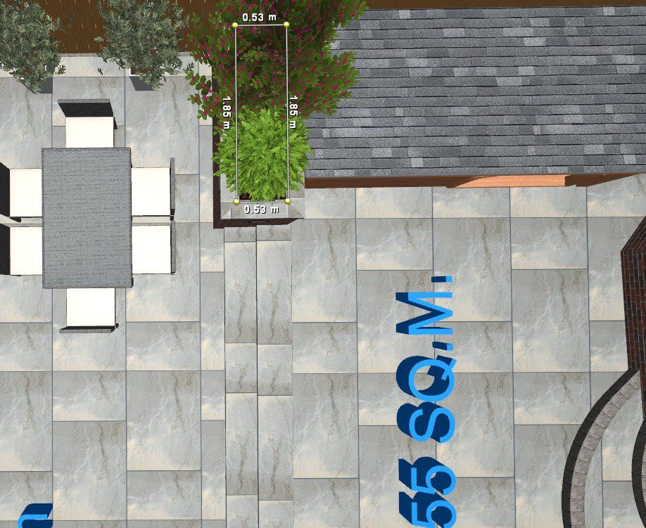 Overhead view of a patio with a table, chairs, plants, and a section labeled 55 sq. m.
