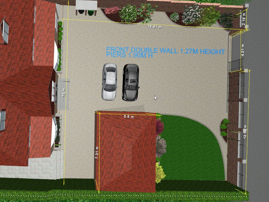 top view driveway plans Top-down view of a home with cars parked in a driveway, surrounded by landscaping, with a text label.