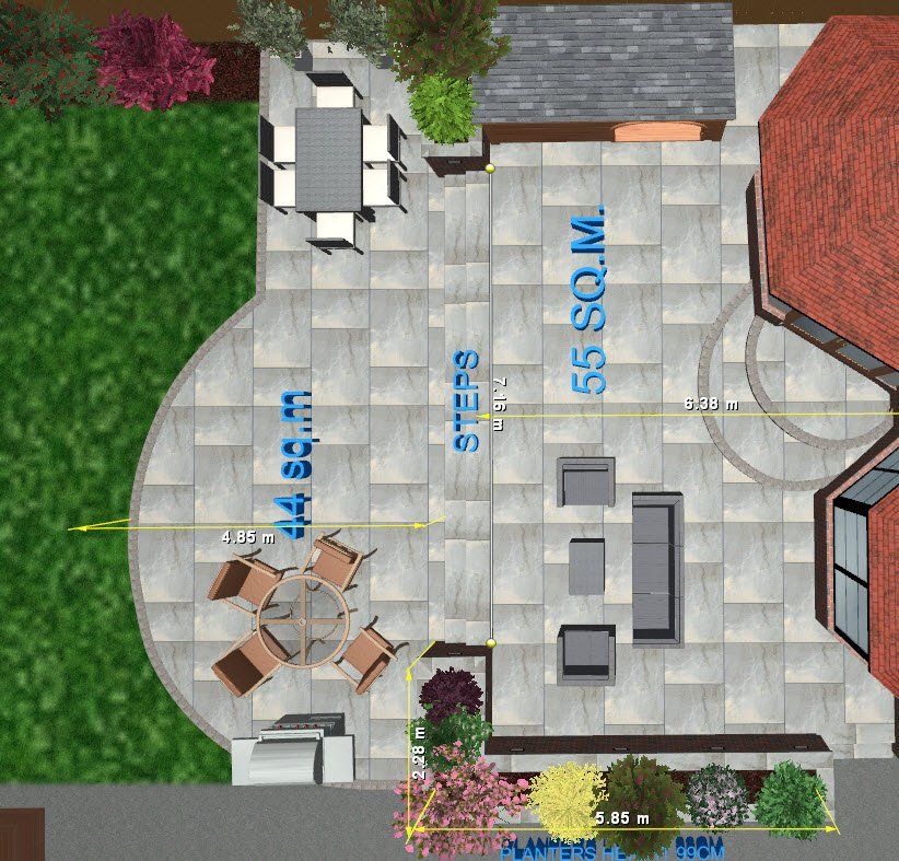 Top-down view of a patio design with seating areas, a dining table, and a barbeque, all paved with square tiles.