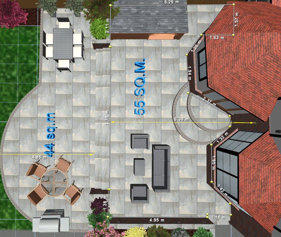 Overhead view of a patio design with seating areas and a home, showcasing dimensions and materials.