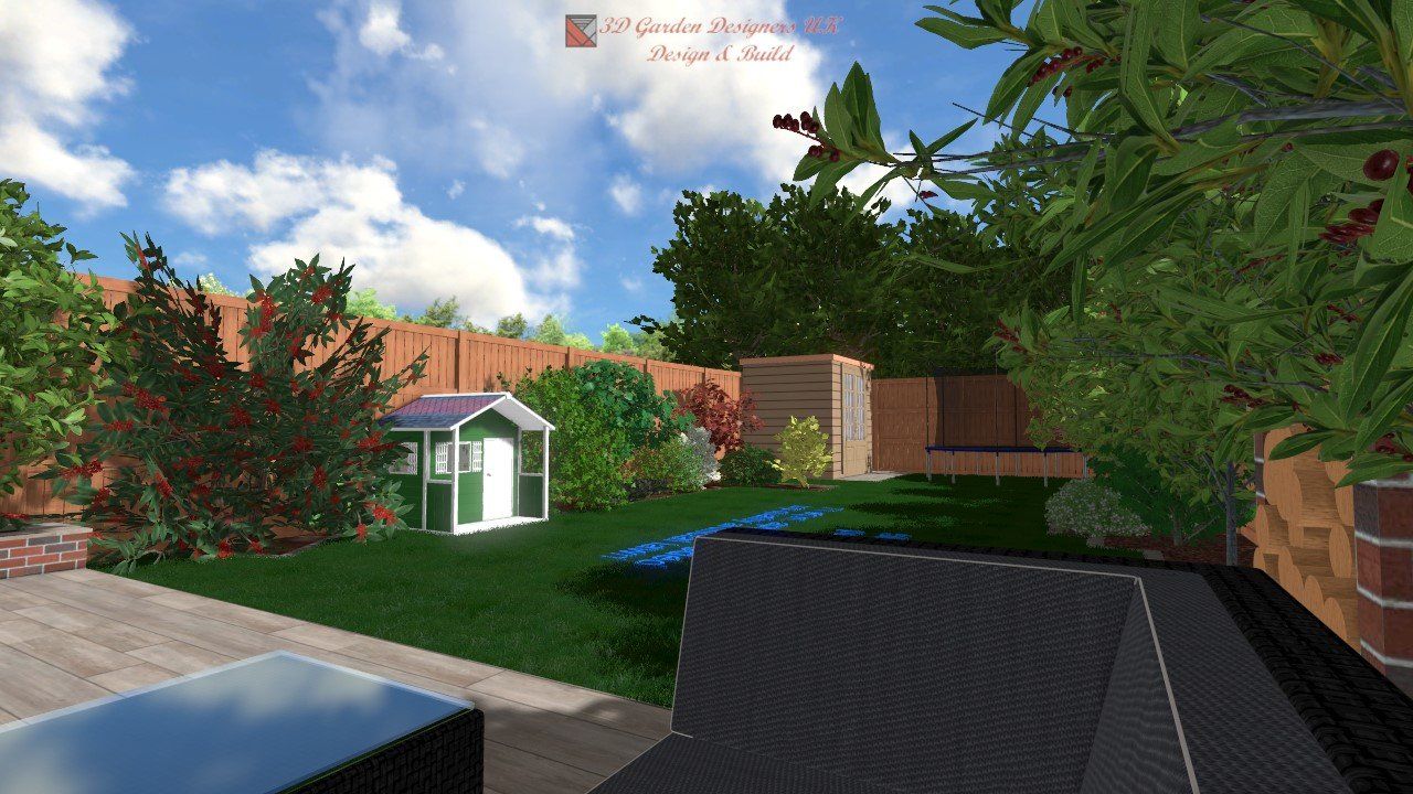 A sunny backyard with lush greenery, a shed, and outdoor furniture.