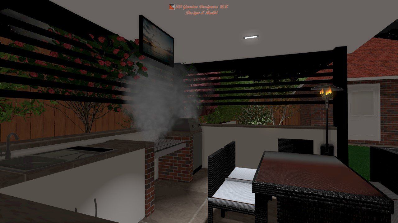 Outdoor kitchen with grill, seating, and a TV; smoke rising.