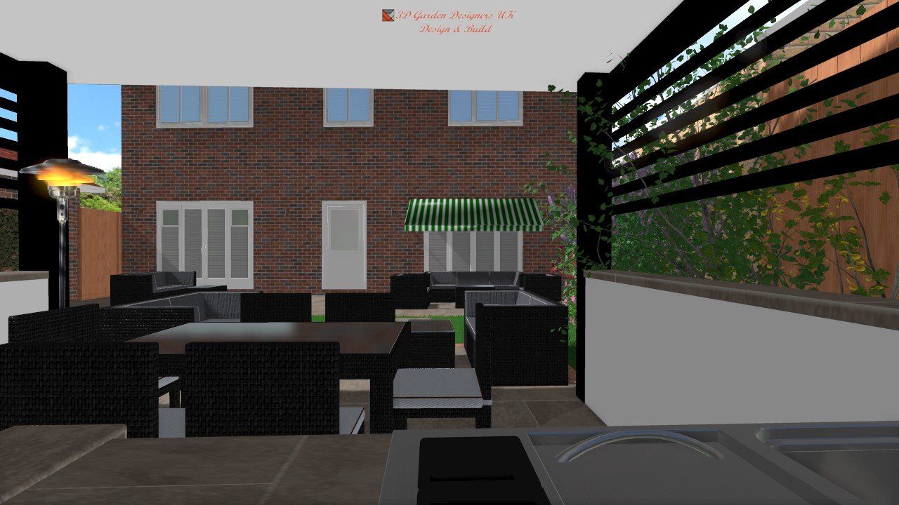 Patio with furniture, brick house in background, slatted fence on right.