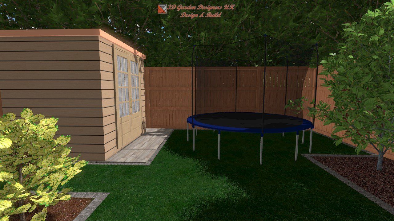 A backyard with a shed, fence, trampoline, and small trees and bushes; green grass and a blue trampoline.