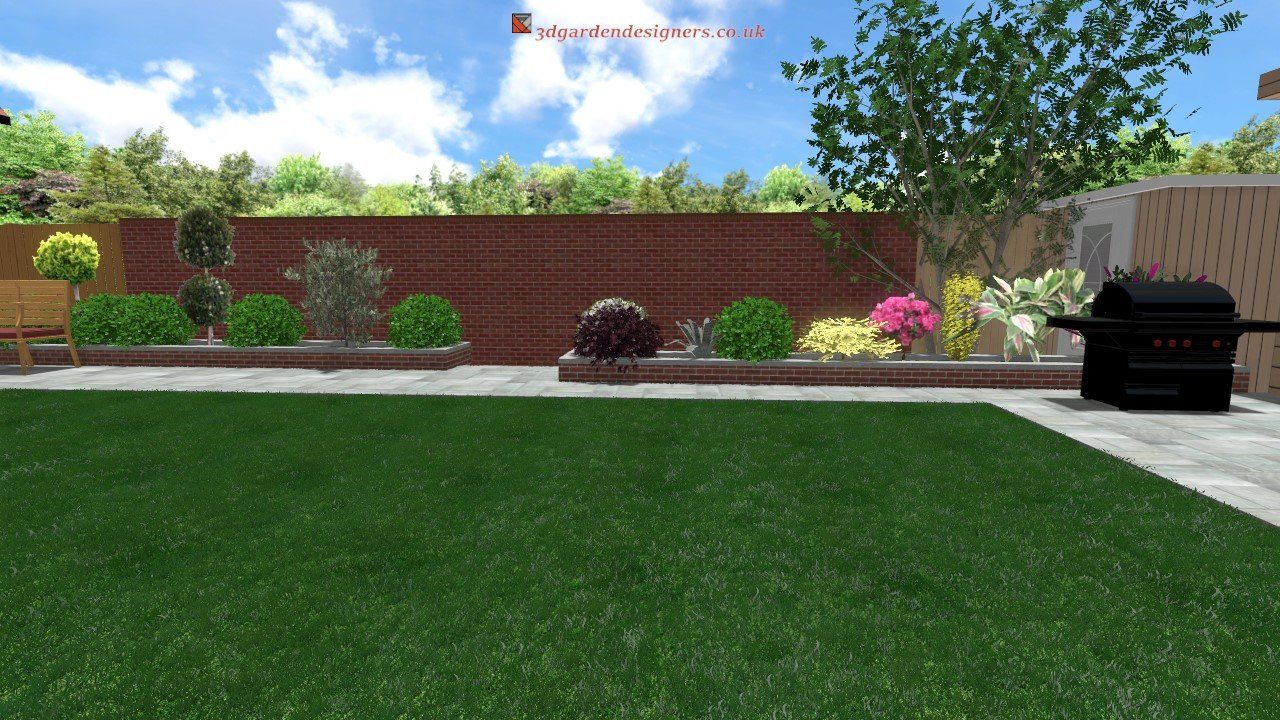 Backyard scene with a grassy lawn, flowerbeds, brick wall, and a barbecue grill.