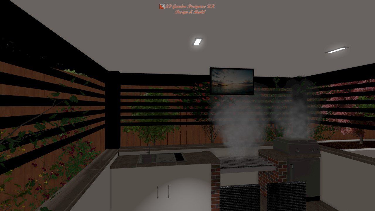 Interior shot with smoky grill, TV, and outdoor wall.