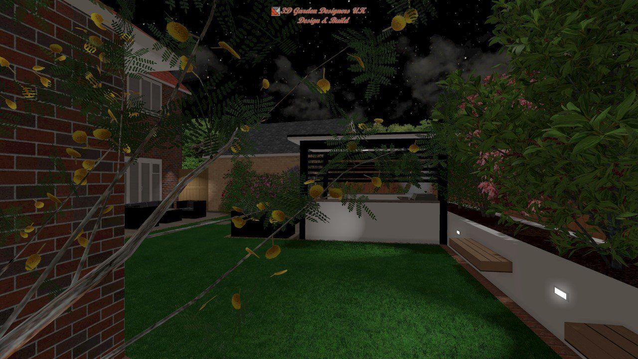 A backyard scene at night. Green grass, brick wall, and trees with falling leaves. White and black fencing.