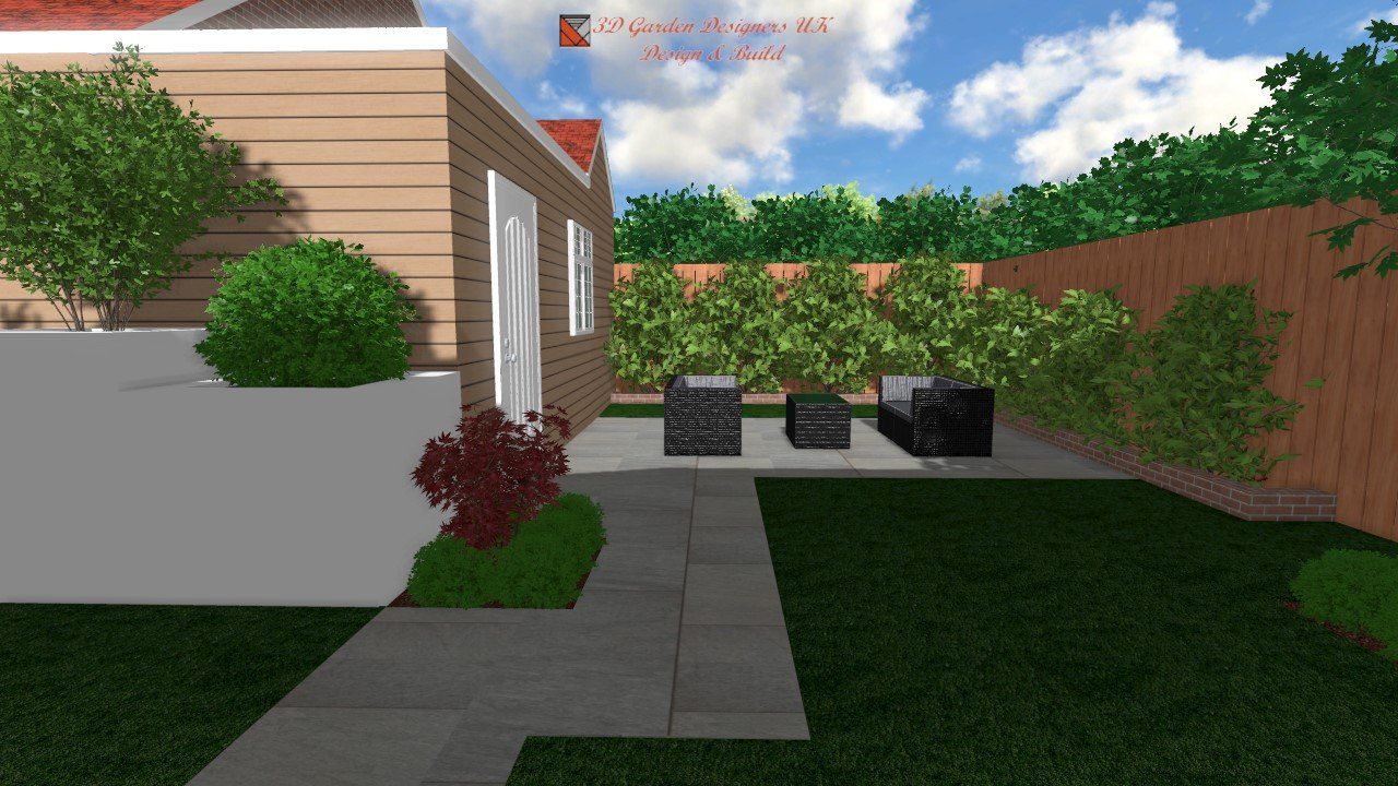 Backyard with lawn, brick house, patio, wooden fence, and green bushes. Sunny day.