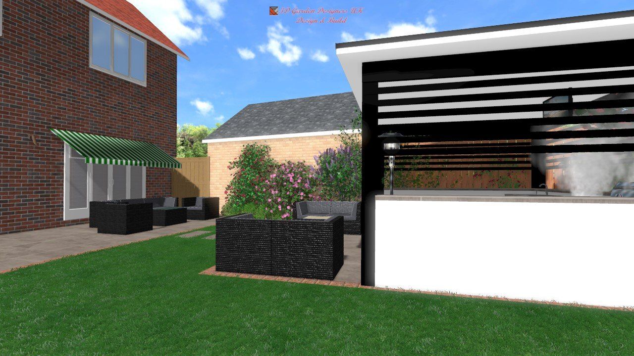 Backyard scene with a house, patio furniture, and a modern white structure with a black slat wall.