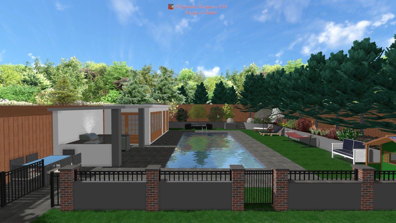 Backyard with pool, patio, and green lawn; blue sky and trees in the background.